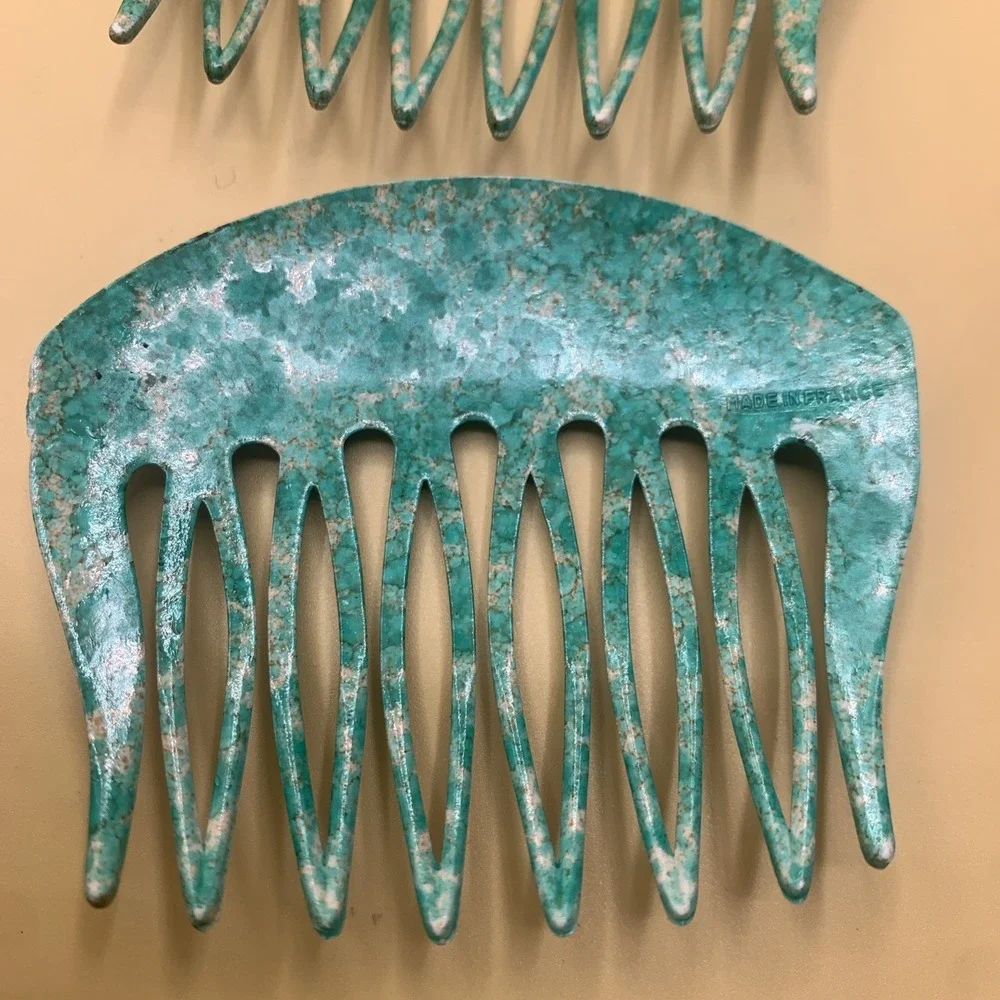 Vintage French Hair Comb Pair Teal  Marbled Multi Tone Style Made In France
